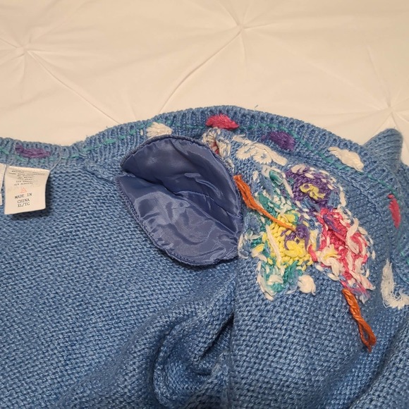 Jantzen Vintage Cardigan Blue Pink XL Spring Floral Hand Embroidered Pockets - Picture 6 of 14